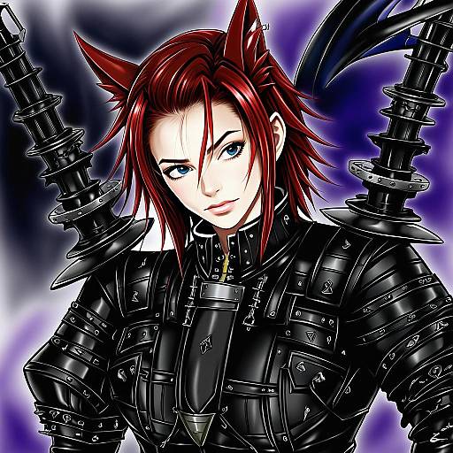 Anime Red-Haired Woman in Black Samurai Armor Digital Art