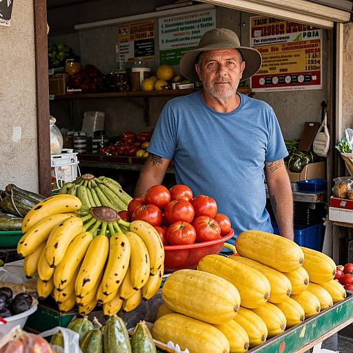 Man Selling Fresh Fruits and Vegetables at Local Market Stall