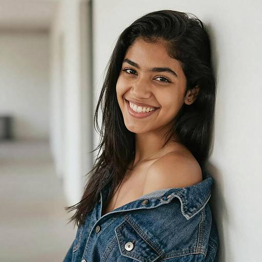 Smiling Young Woman in Denim Jacket Leaning on Wall