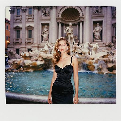 Elegant Woman in Black Dress at Trevi Fountain Rome