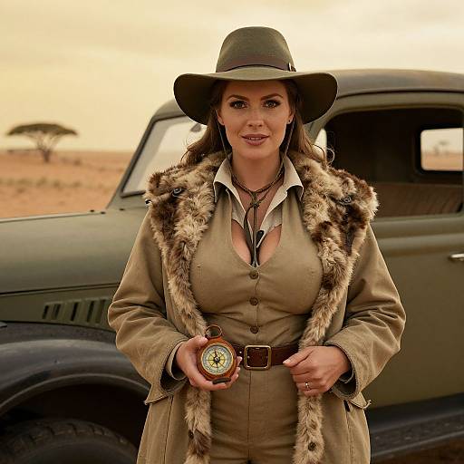 Vintage Safari Woman with Compass and Classic Vehicle in Desert Scene