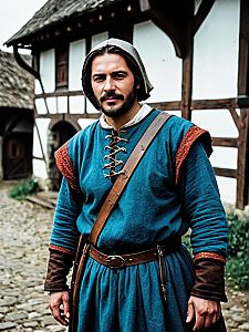 Man in Medieval Peasant Costume with Cinematic Realism in Historic Village