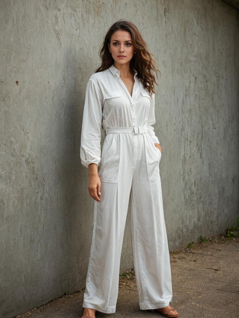 Confident Woman in White Jumpsuit Against Concrete Wall