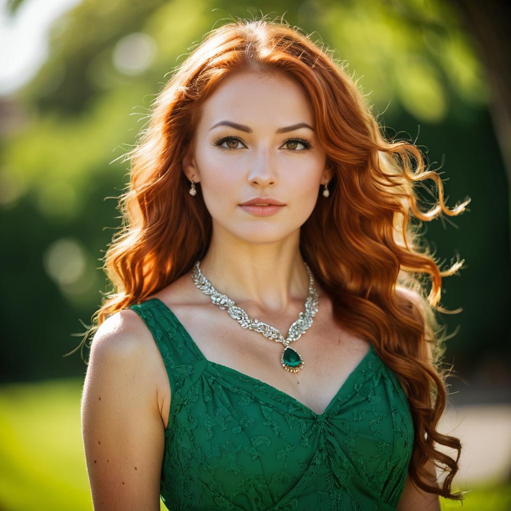 Elegant Red-Haired Woman in Emerald Green Dress Outdoor Portrait