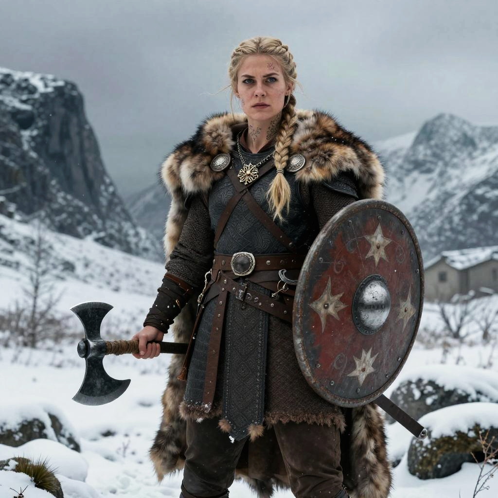 Viking Woman Warrior in Snowy Mountain Landscape with Axe and Shield
