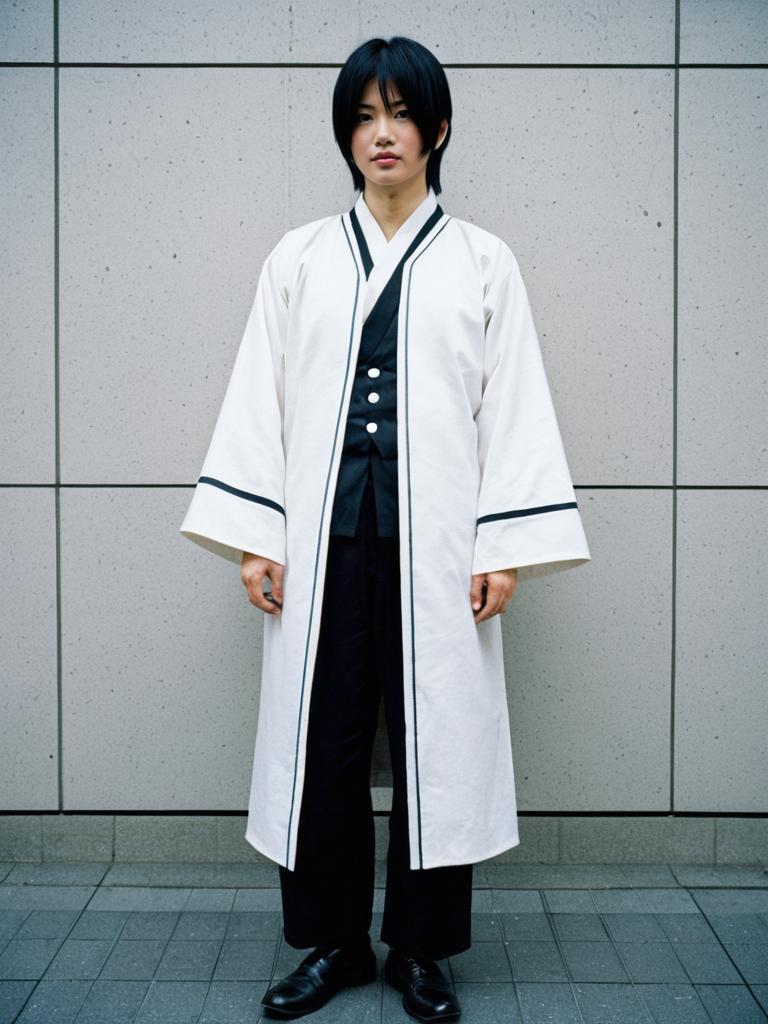 Young Woman Wearing Traditional Japanese Kimono Coat with Modern Fashion