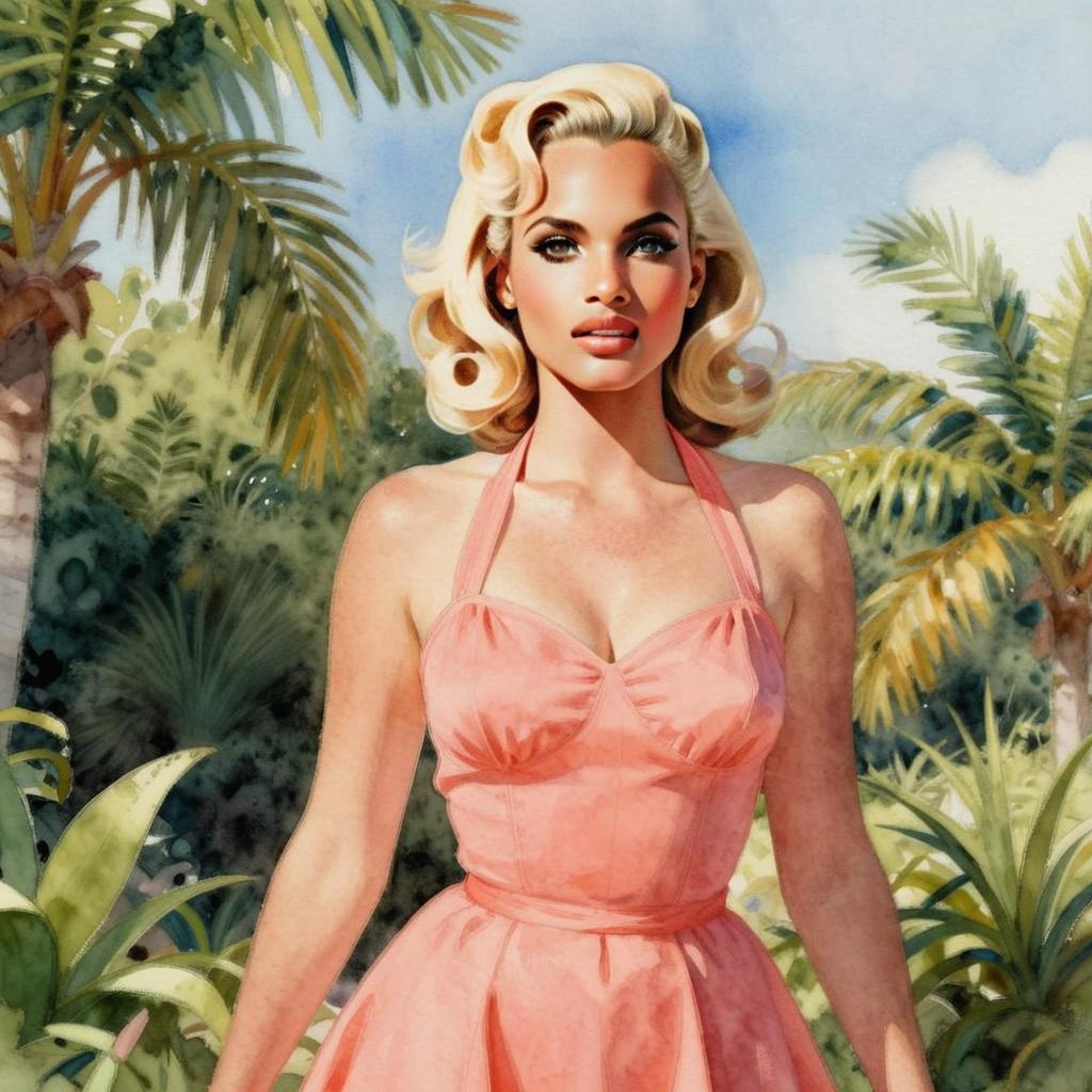Vintage Glamour Woman in Pink Dress Amid Tropical Garden