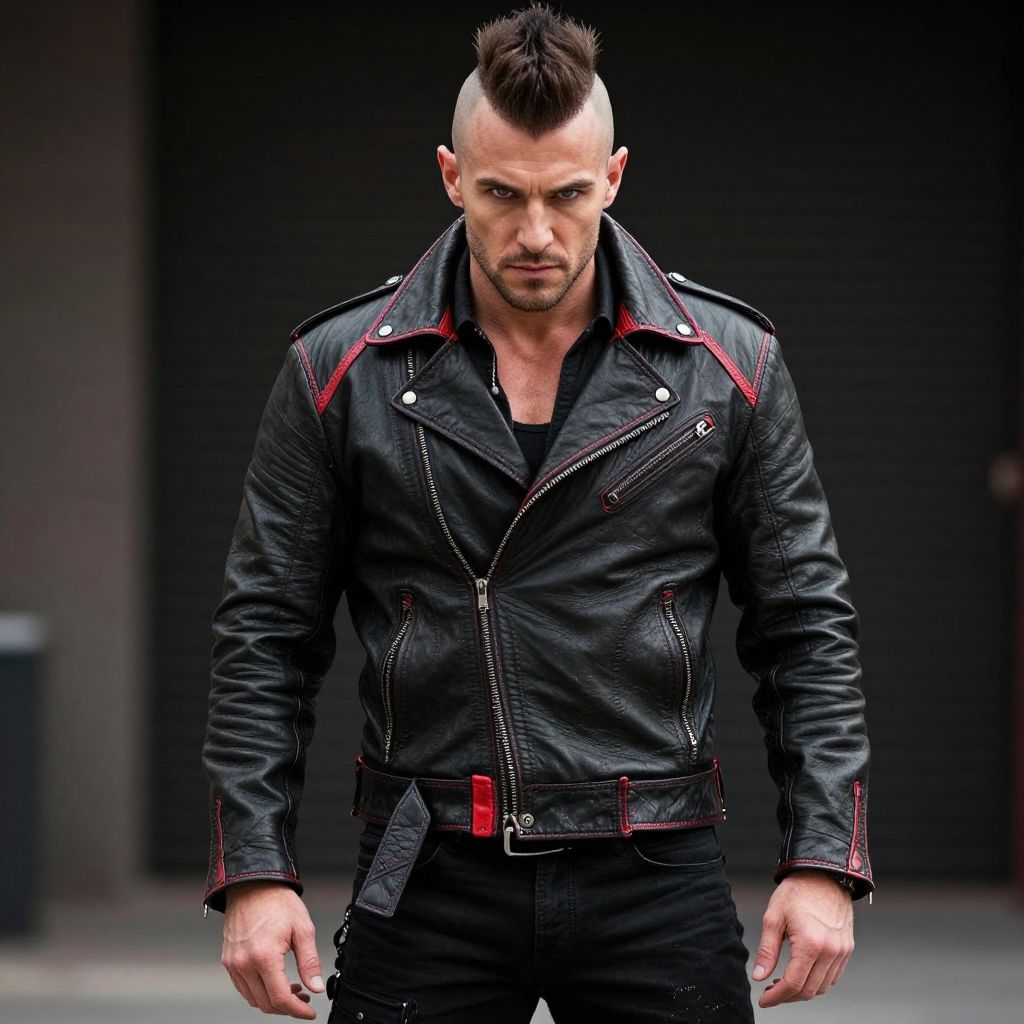 Man in Black Leather Biker Jacket with Mohawk Hairstyle