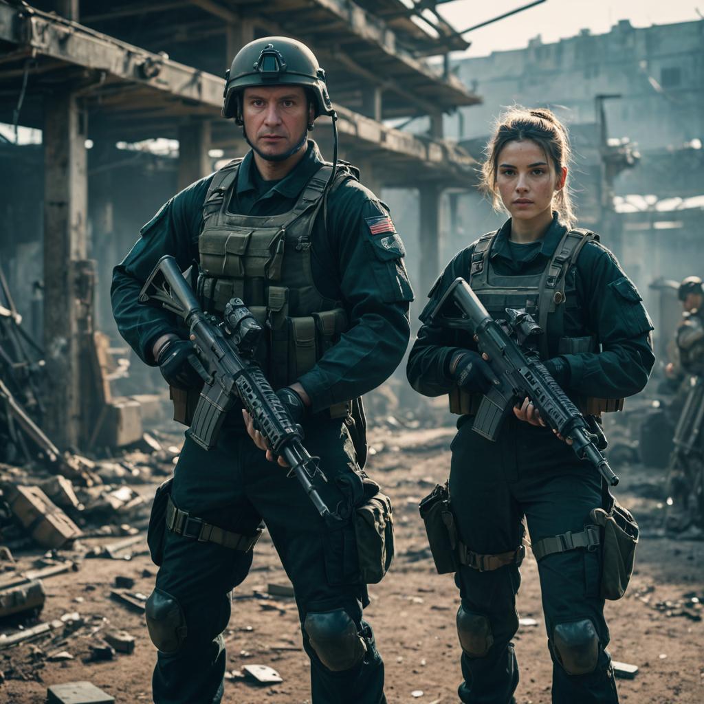 Stoic Couple in Tactical Gear in Combat Environment