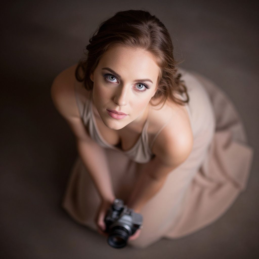 Top-Down Portrait of Woman Holding Vintage Camera in Beige Dress