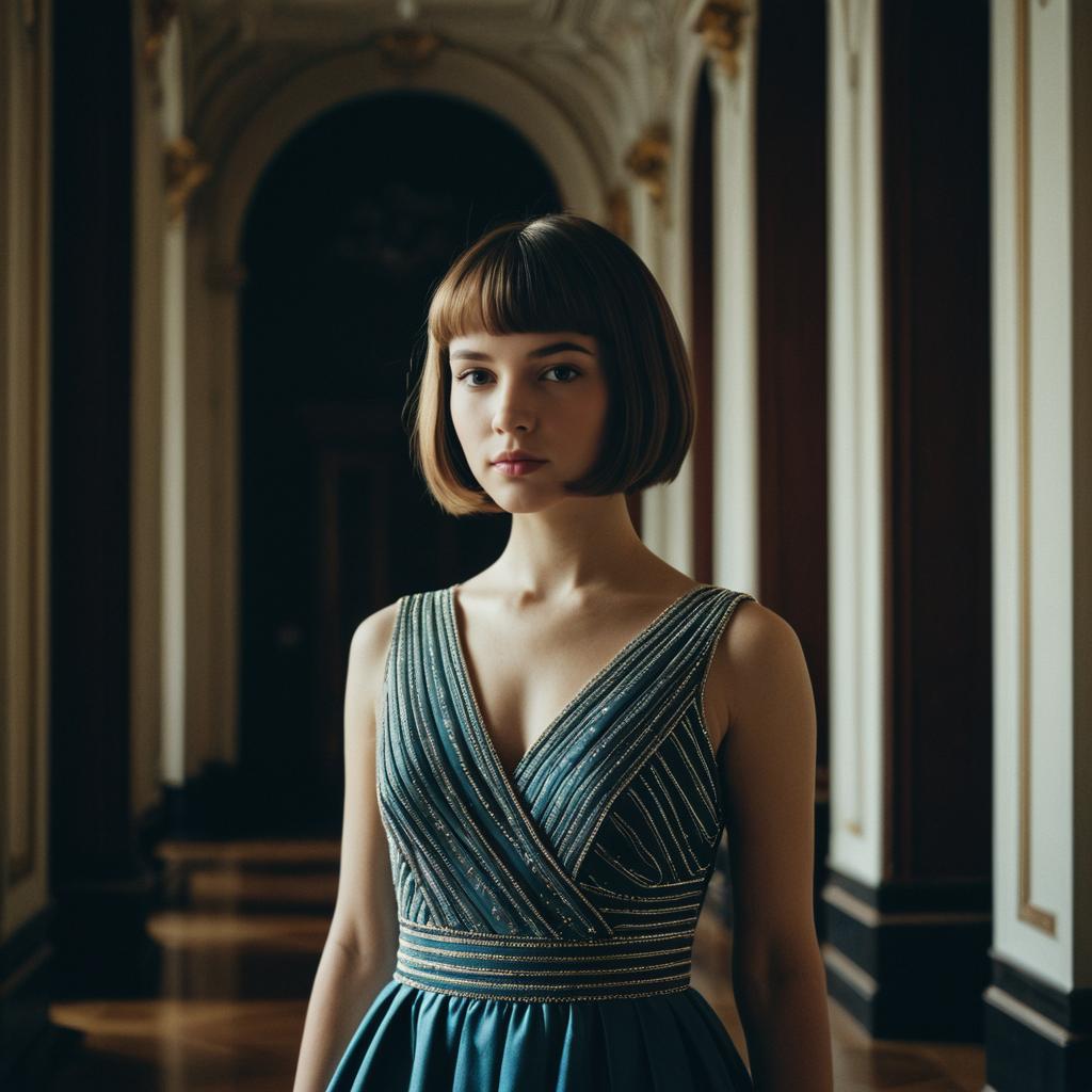 Elegant Young Woman in Embellished Blue Gown in Classical Interior
