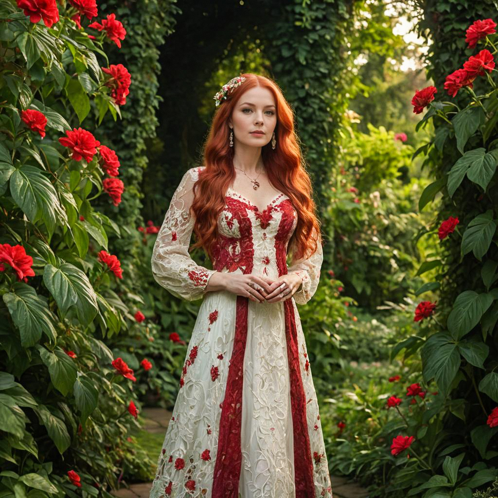 Woman in Vintage Dress in Lush Garden Woman in Vintage Dress in Lush Garden