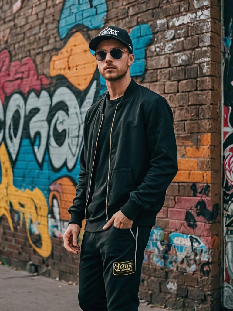 Stylish man in front of graffiti wall