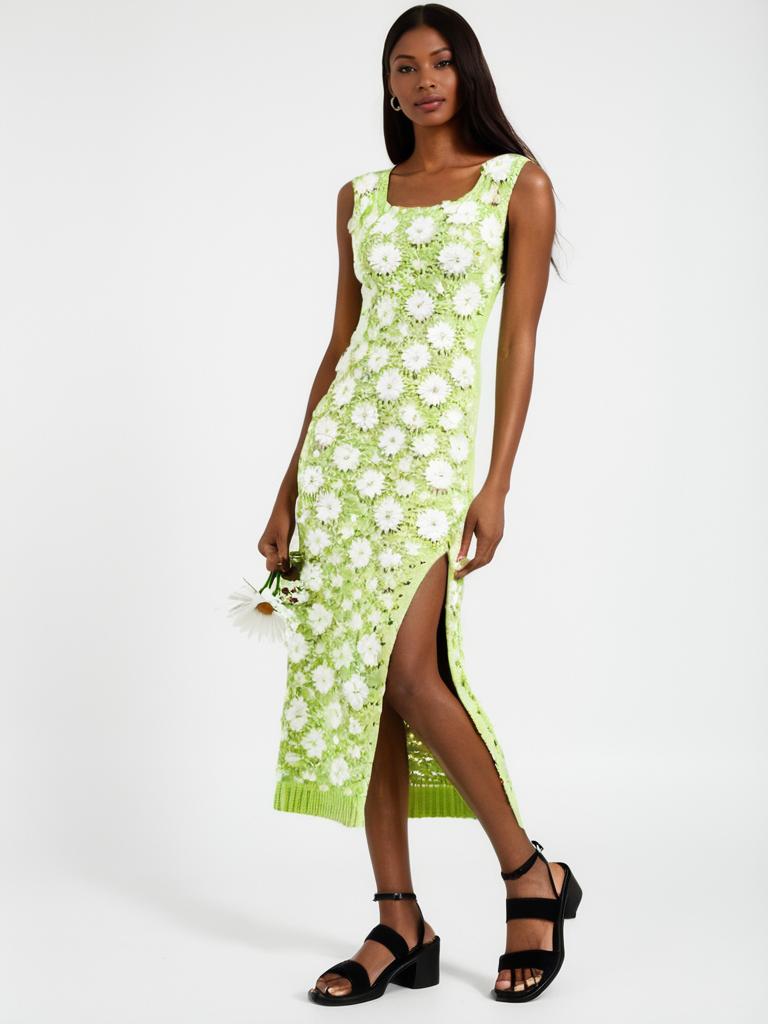 Retro-Inspired Lime Green Crochet Knit Midi Dress with White Flowers