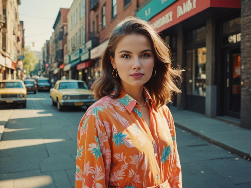 Serene beauty in tropical-patterned shirt, Kodachrome style