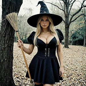 Blonde Woman in Black Witch Costume in Forest