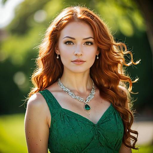 Elegant Red-Haired Woman in Emerald Green Dress Outdoor Portrait