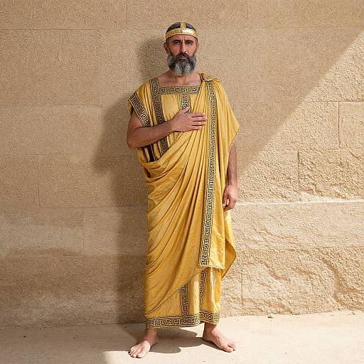 Man in Traditional Ancient Greek Roman Style Golden Toga Standing Against Stone Wall