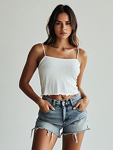 Woman Wearing Casual White Cropped Tank Top with Thin Straps and Denim Shorts