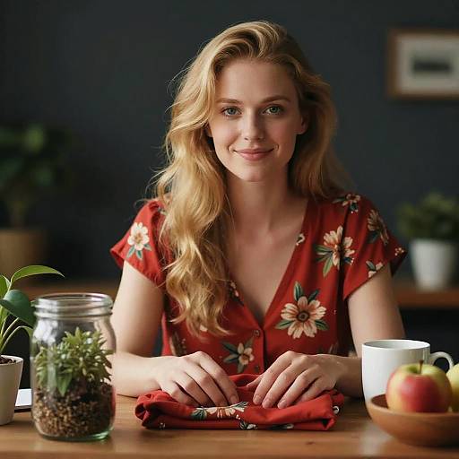 Smiling Blonde Woman in Red Floral Dress Sitting at Table with Plants and Apples