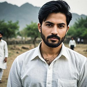 Young Man in Traditional Pakistani Attire with Mountain Backdrop
