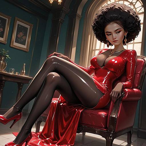 Stylish Woman in Glossy Red Dress and Black Leggings - Digital Illustration