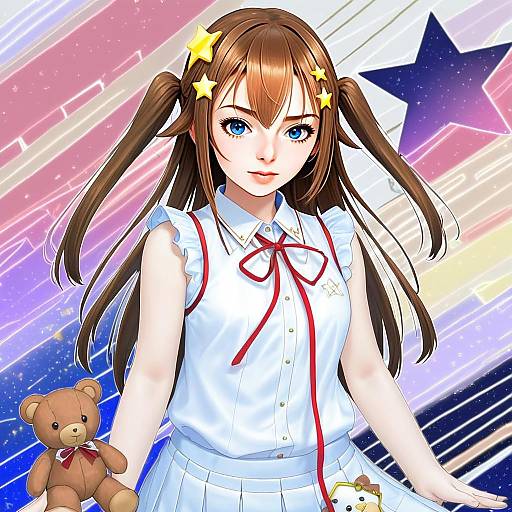 Anime Girl with Twin Tails and Star Accessories Holding Teddy Bear