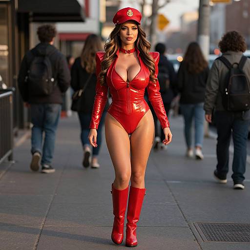 Woman in Red Leather Bodysuit and Boots Walking on City Sidewalk