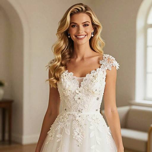 Elegant Woman Wearing Floral Embroidered White Wedding Dress