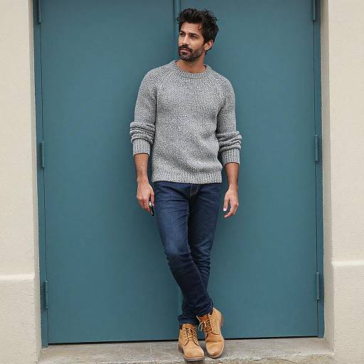 Stylish Man in Grey Sweater and Boots Posing by Blue Door