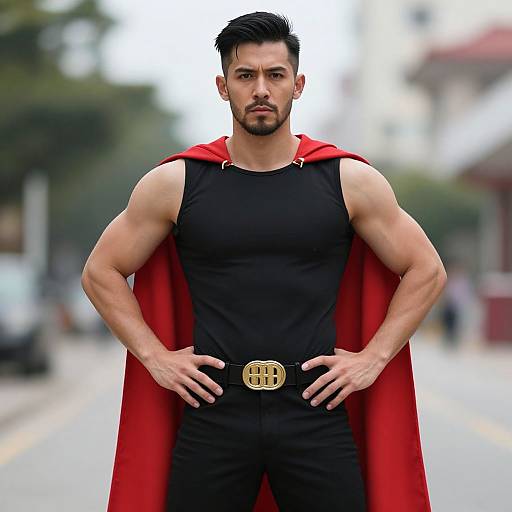 Man Wearing Black Shirt and Red Cape with Heroic Pose