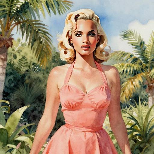 Vintage Glamour Woman in Pink Dress Amid Tropical Garden