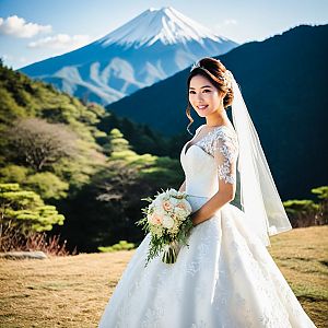 Radiant Bride in Lace Gown with Mountain Background