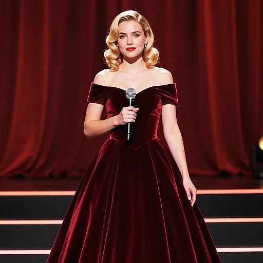 Woman in Elegant Burgundy Velvet Gown Holding Microphone on Stage
