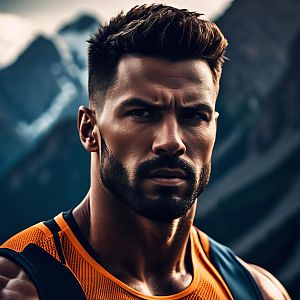 Muscular Man in Orange Tank Top with Mountain Background
