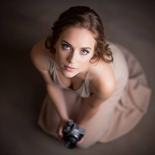 Top-Down Portrait of Woman Holding Vintage Camera in Beige Dress
