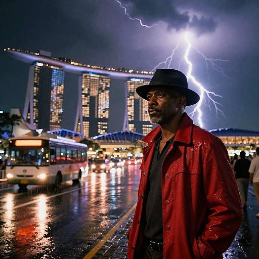 Man in Red Coat with Lightning Strike at Marina Bay Sands Night Scene