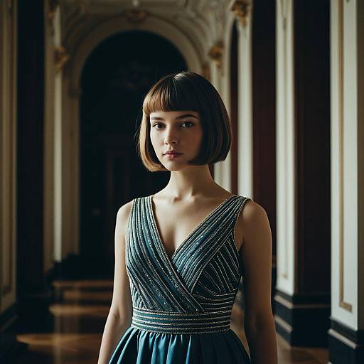 Elegant Young Woman in Embellished Blue Gown in Classical Interior