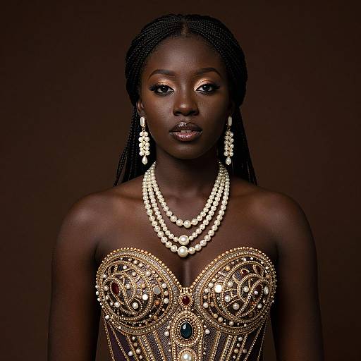 Elegant Woman in Beaded Corset and Pearl Jewelry Portrait