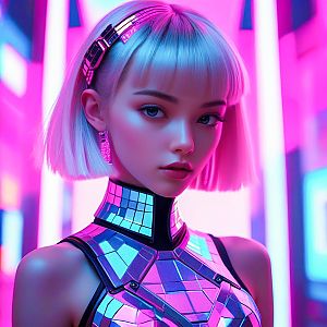 Futuristic Portrait of Young Woman in Cyberpunk Style
