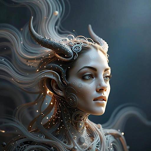 Digital Fantasy Portrait of Woman with Ornate Horns and Ethereal Hair
