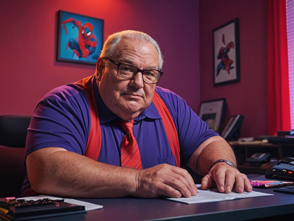 Elderly Man in Purple Shirt with Spider-Man Memorabilia