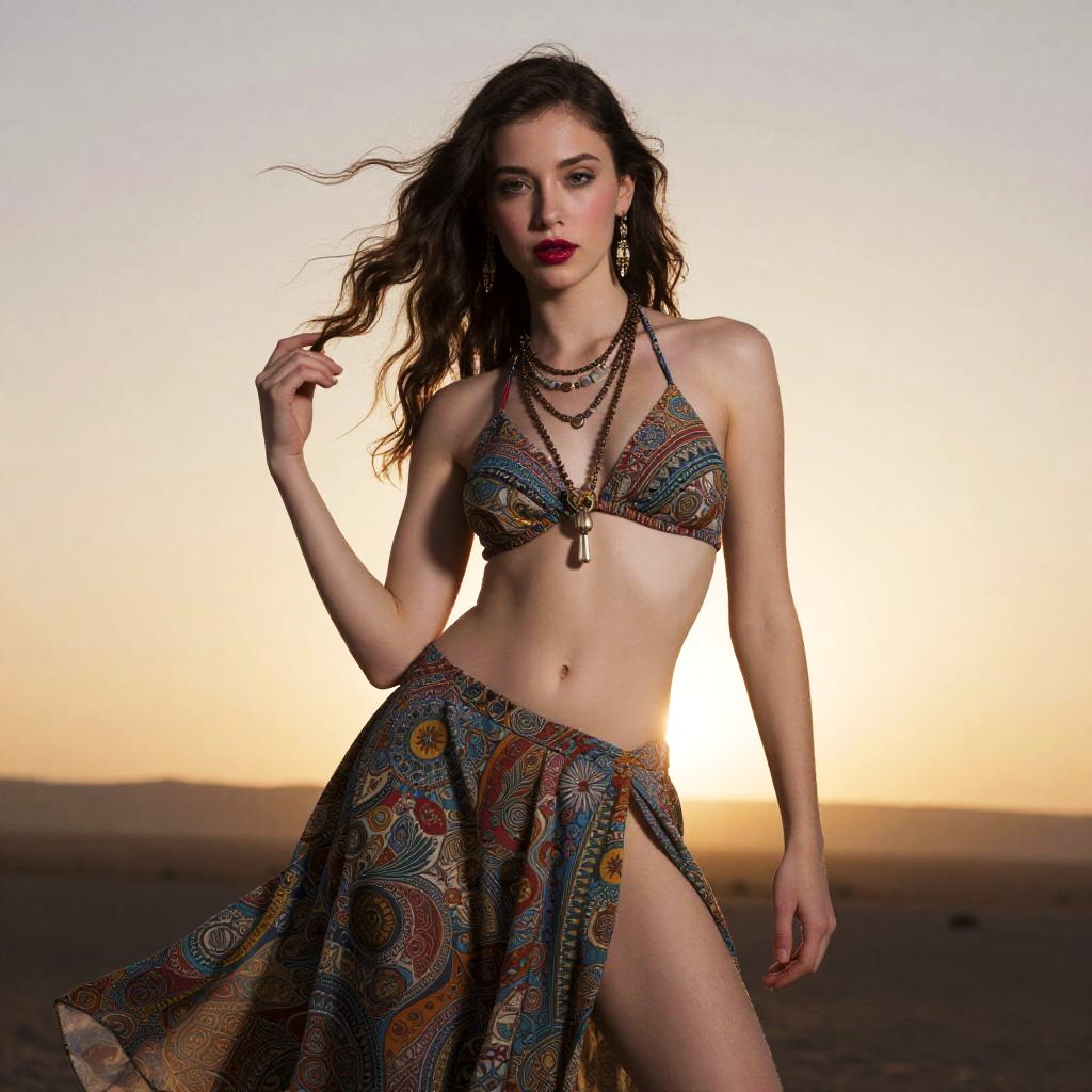 Bohemian Gen Z Woman in Bikini and Wrap Skirt at Sunset