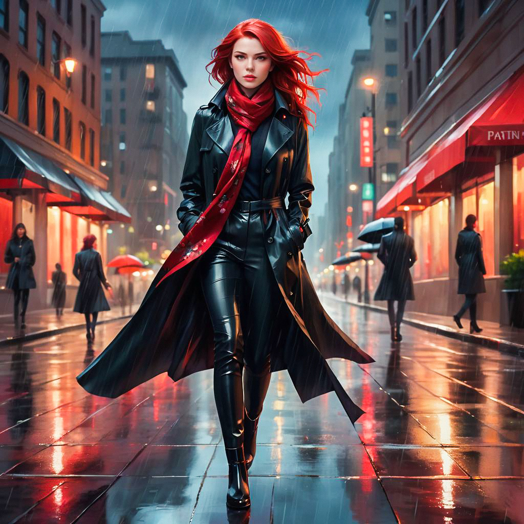 Confident Woman with Red Hair in Noir Urban Rain Confident Woman with Red Hair in Noir Urban Rain