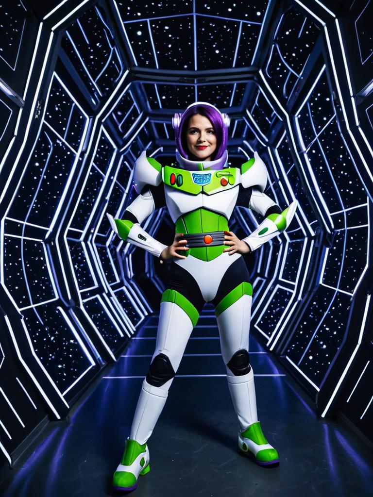 Buzz Lightyear Costume Full Body Cosplay Woman in Futuristic Tunnel