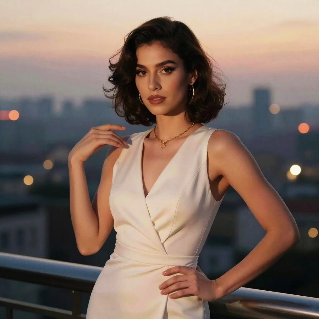 Elegant Woman in White Dress Posing at Sunset on Balcony