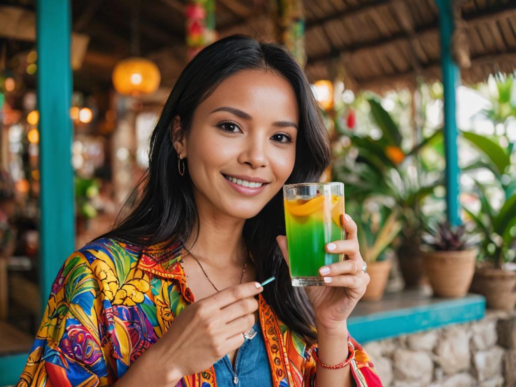 Woman Enjoying Exotic Drink in Tropical Setting