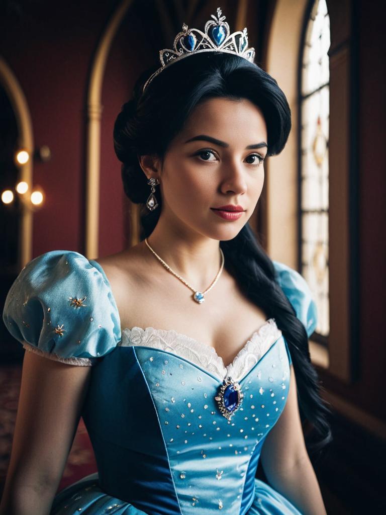 Elegant Woman in Blue Disney Princess Dress Photorealistic Cosplay Portrait