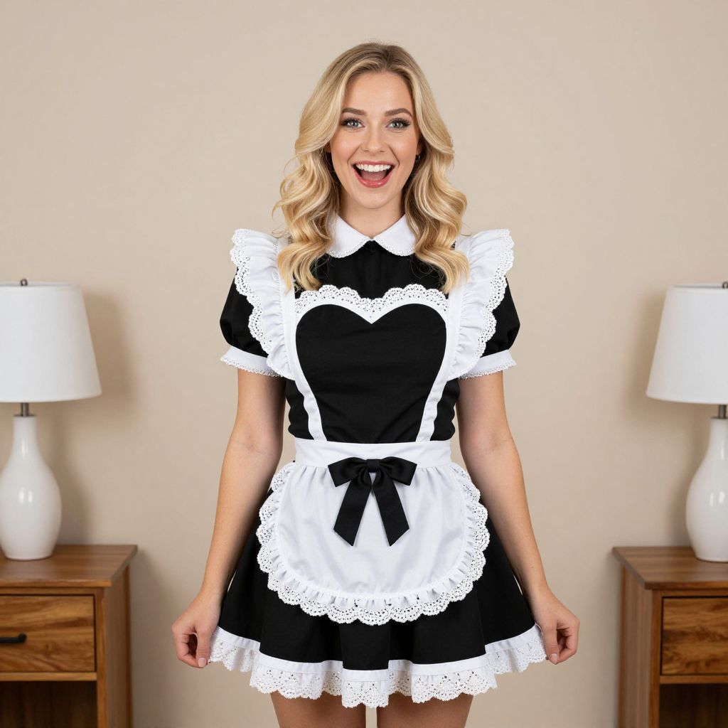 Smiling Woman in Classic French Maid Costume with Lace Details
