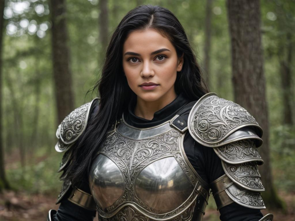 Strong Warrior Woman in Armor in Forest